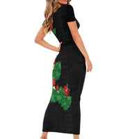 Hawaiian Taro Leaves-Hibiscus and Plumeria Short Sleeve Bodycon Dress Polynesian Art-Kakau Tattoo Black