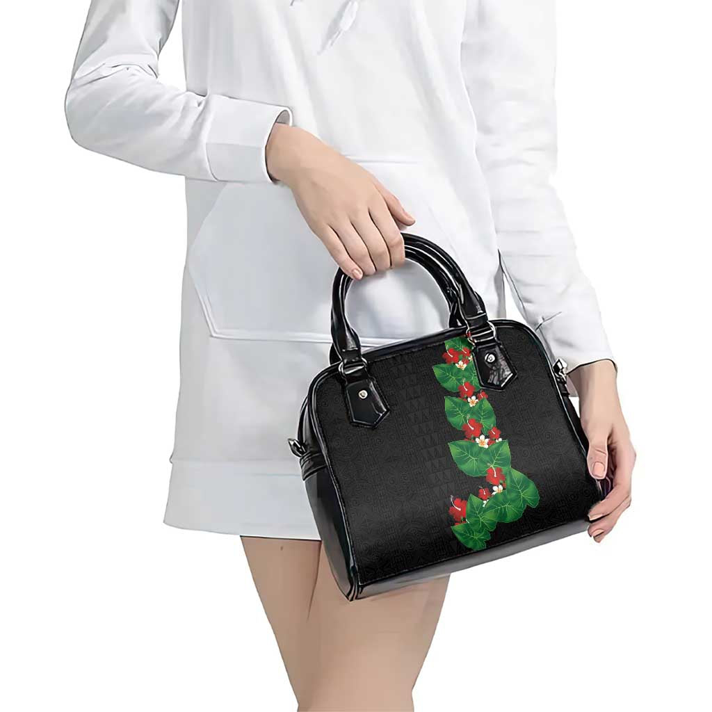 Hawaiian Taro Leaves-Hibiscus and Plumeria Shoulder Handbag Polynesian Art-Kakau Tattoo Black LT03 - Polynesian Pride