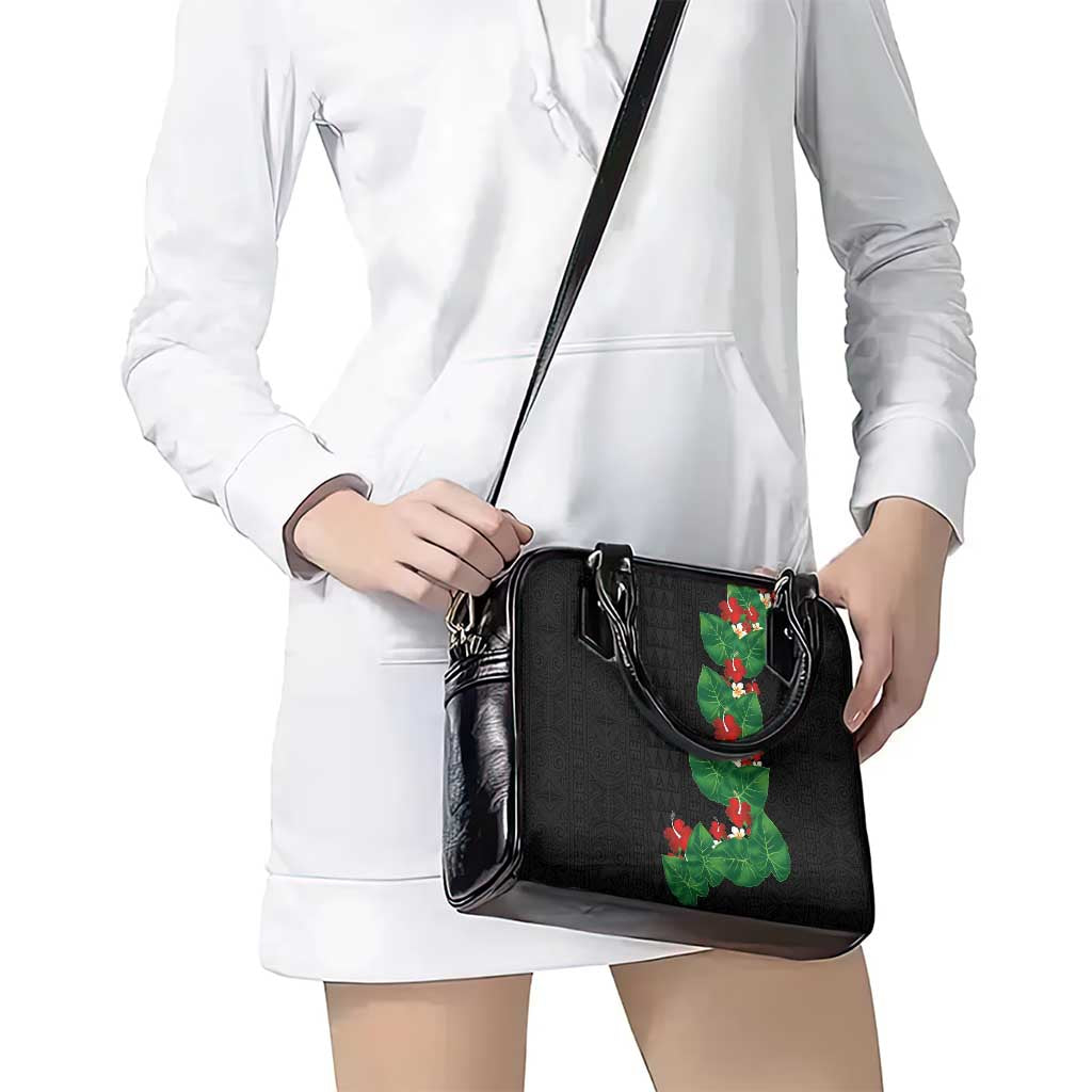 Hawaiian Taro Leaves-Hibiscus and Plumeria Shoulder Handbag Polynesian Art-Kakau Tattoo Black LT03 - Polynesian Pride