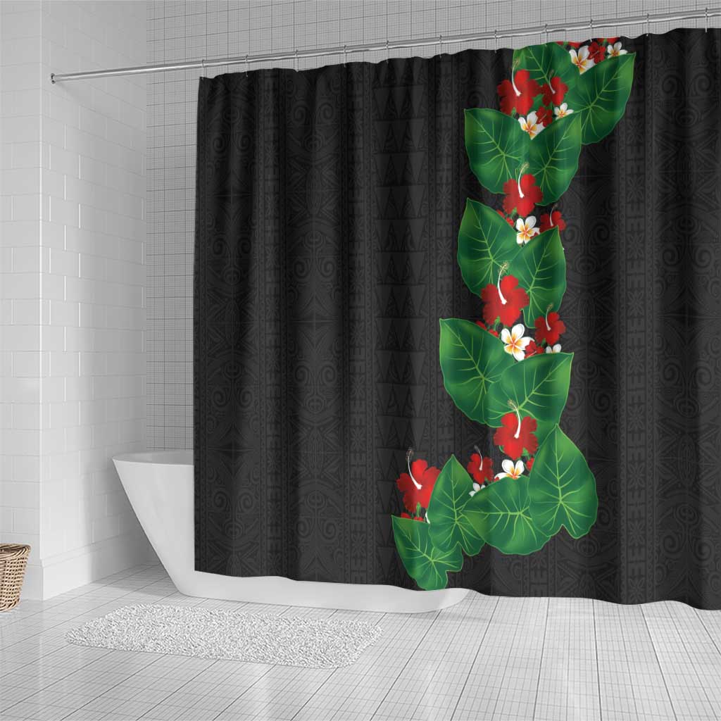 Hawaiian Taro Leaves-Hibiscus and Plumeria Shower Curtain Polynesian Art-Kakau Tattoo Black LT03 - Polynesian Pride