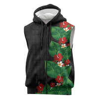 Hawaiian Taro Leaves-Hibiscus and Plumeria Sleeveless Zip Hoodie Polynesian Art-Kakau Tattoo Black