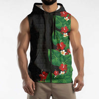 Hawaiian Taro Leaves-Hibiscus and Plumeria Sleeveless Zip Hoodie Polynesian Art-Kakau Tattoo Black