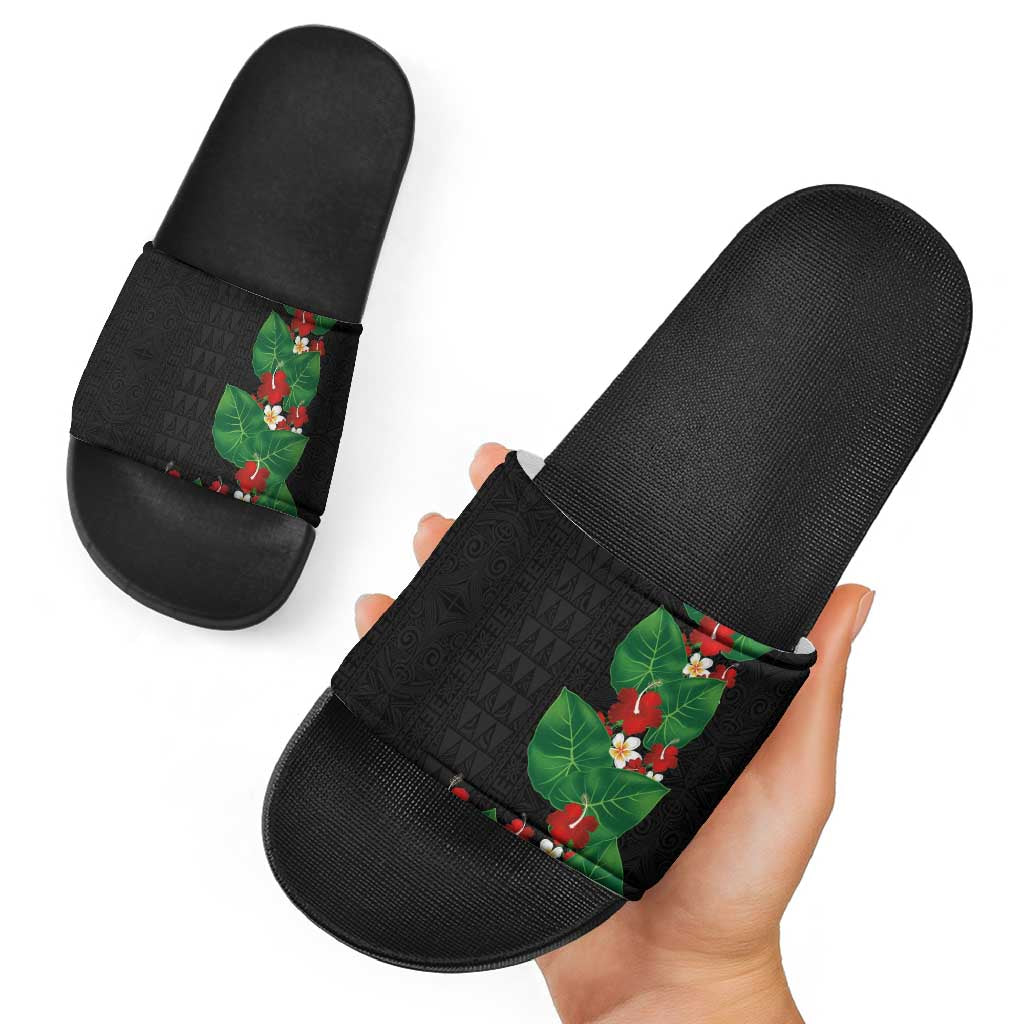 Hawaiian Taro Leaves-Hibiscus and Plumeria Slide Sandals Polynesian Art-Kakau Tattoo Black LT03 - Polynesian Pride