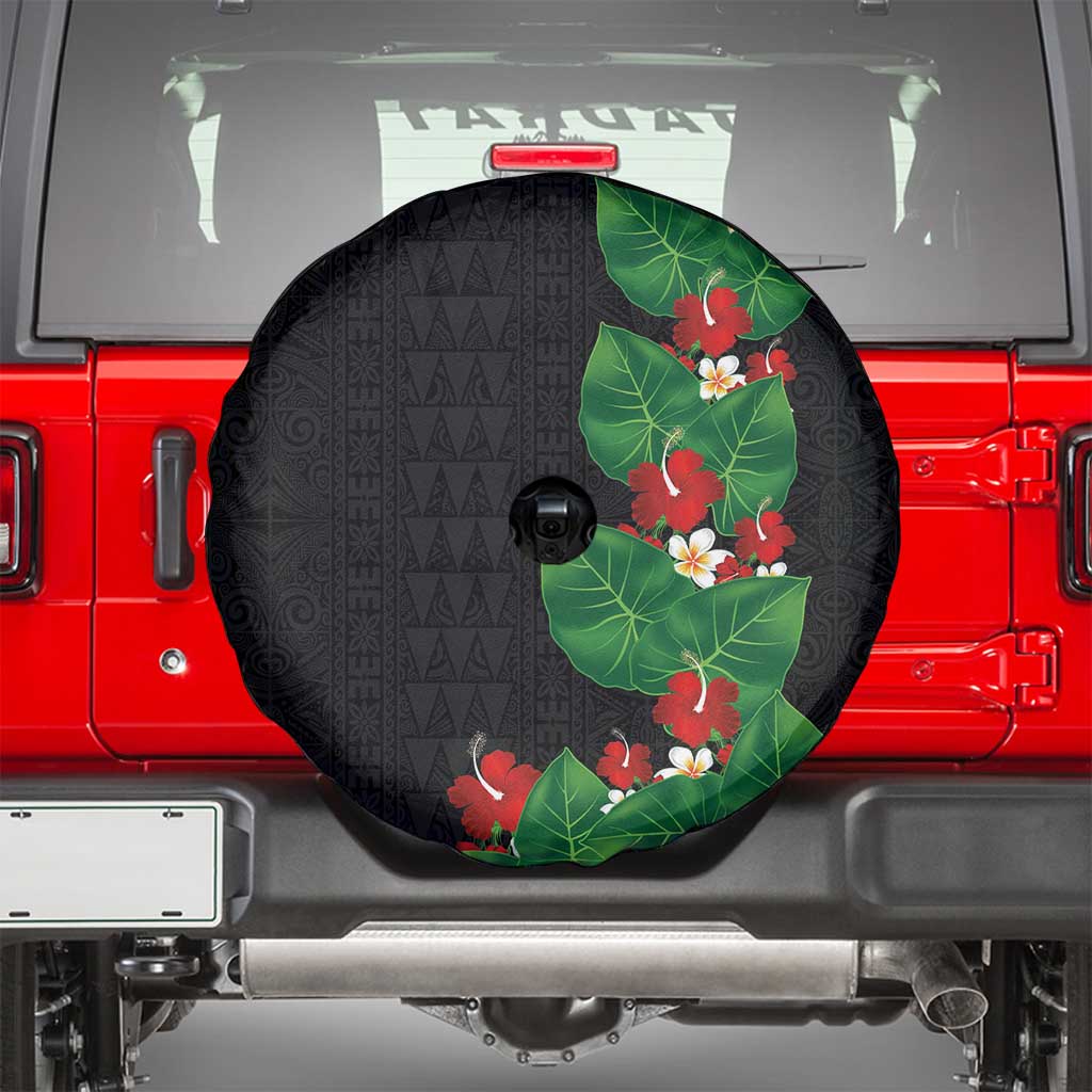 Hawaiian Taro Leaves-Hibiscus and Plumeria Spare Tire Cover Polynesian Art-Kakau Tattoo Black