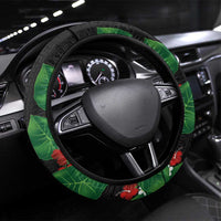 Hawaiian Taro Leaves-Hibiscus and Plumeria Steering Wheel Cover Polynesian Art-Kakau Tattoo Black LT03 Universal Fit Black - Polynesian Pride