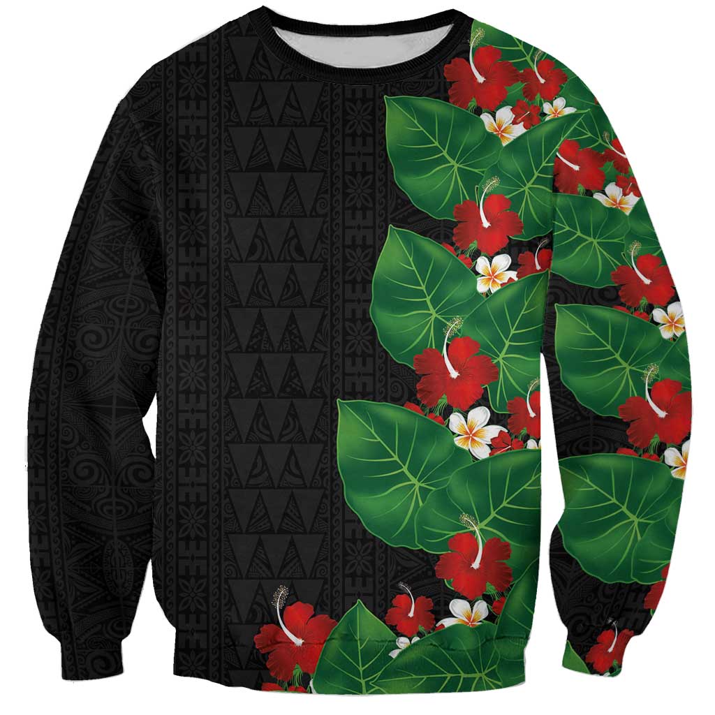 Hawaiian Taro Leaves-Hibiscus and Plumeria Sweatshirt Polynesian Art-Kakau Tattoo Black LT03 Unisex Black - Polynesian Pride