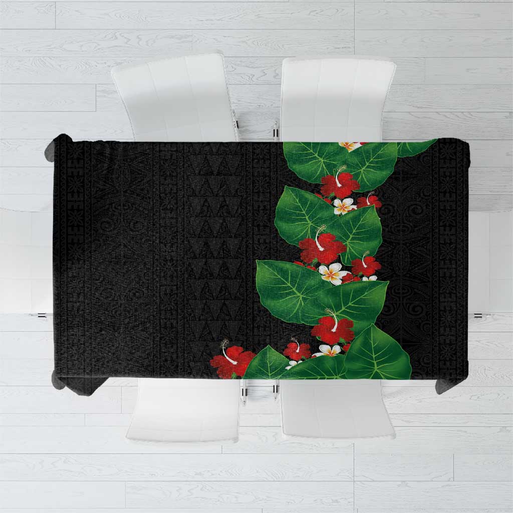 Hawaiian Taro Leaves-Hibiscus and Plumeria Tablecloth Polynesian Art-Kakau Tattoo Black LT03 Black - Polynesian Pride