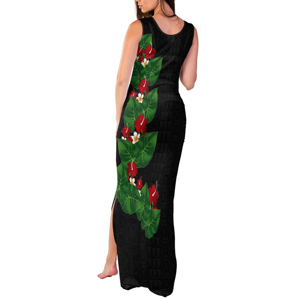 Hawaiian Taro Leaves-Hibiscus and Plumeria Tank Maxi Dress Polynesian Art-Kakau Tattoo Black
