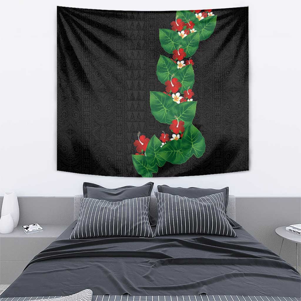 Hawaiian Taro Leaves-Hibiscus and Plumeria Tapestry Polynesian Art-Kakau Tattoo Black LT03 - Polynesian Pride