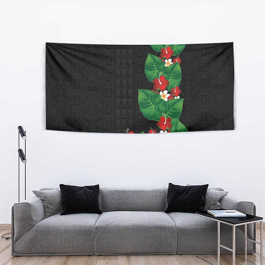 Hawaiian Taro Leaves-Hibiscus and Plumeria Tapestry Polynesian Art-Kakau Tattoo Black LT03 - Polynesian Pride