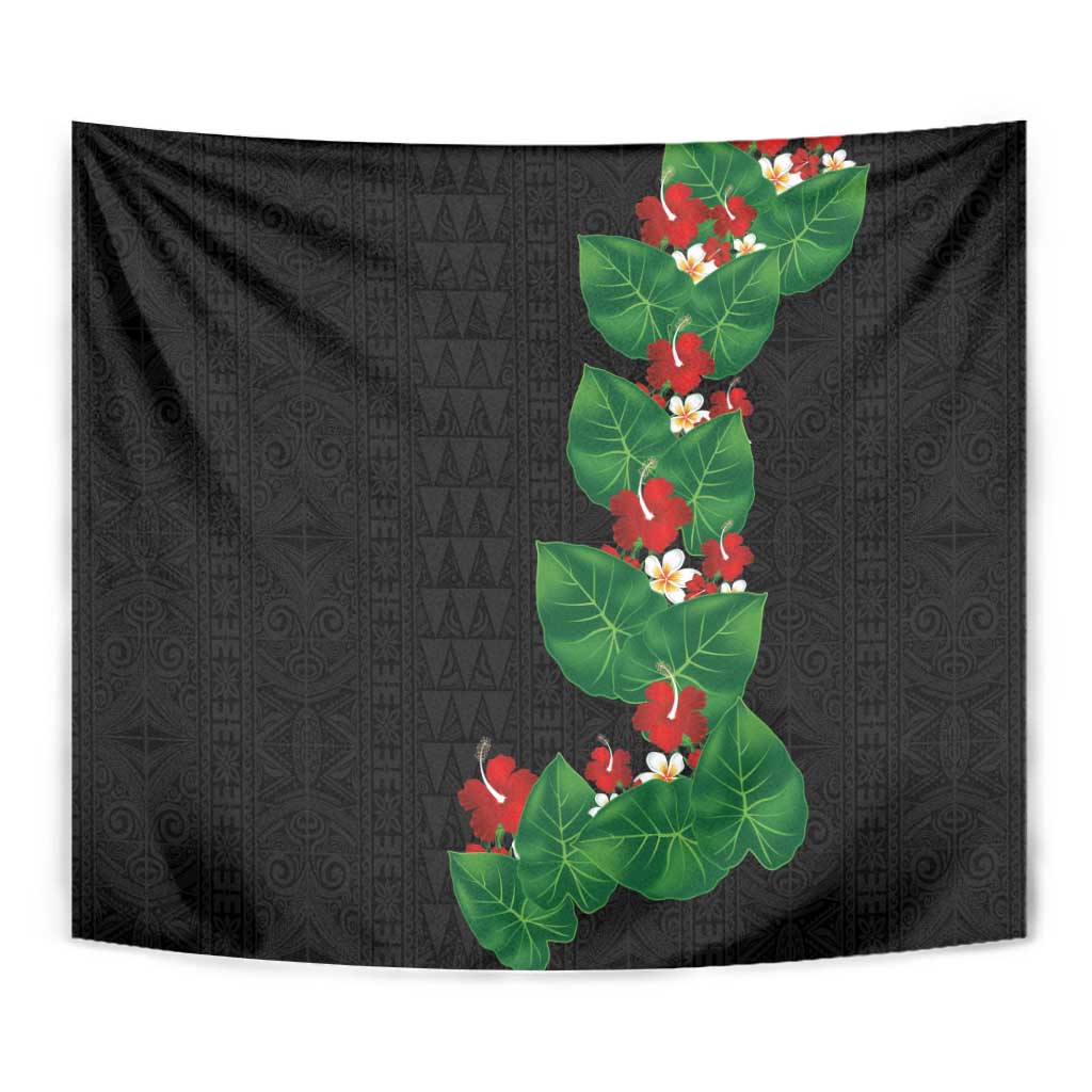 Hawaiian Taro Leaves-Hibiscus and Plumeria Tapestry Polynesian Art-Kakau Tattoo Black LT03 - Polynesian Pride