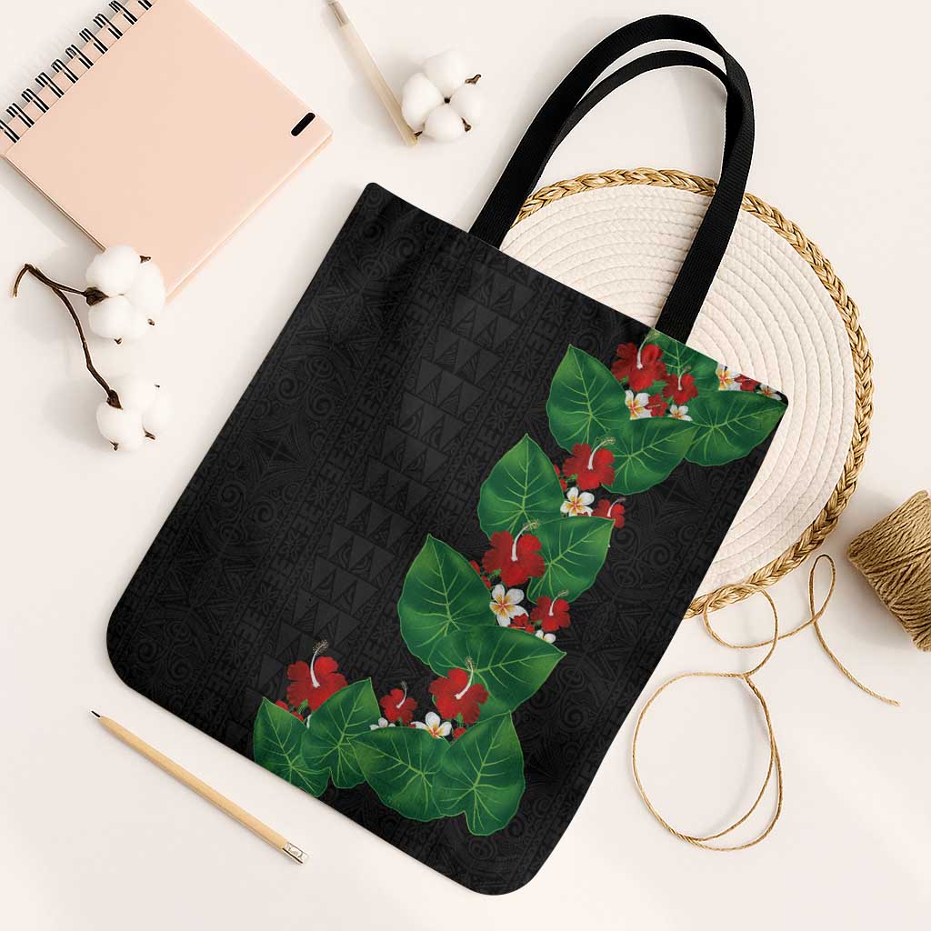 Hawaiian Taro Leaves-Hibiscus and Plumeria Tote Bag Polynesian Art-Kakau Tattoo Black LT03 Black Strap One Size Black - Polynesian Pride
