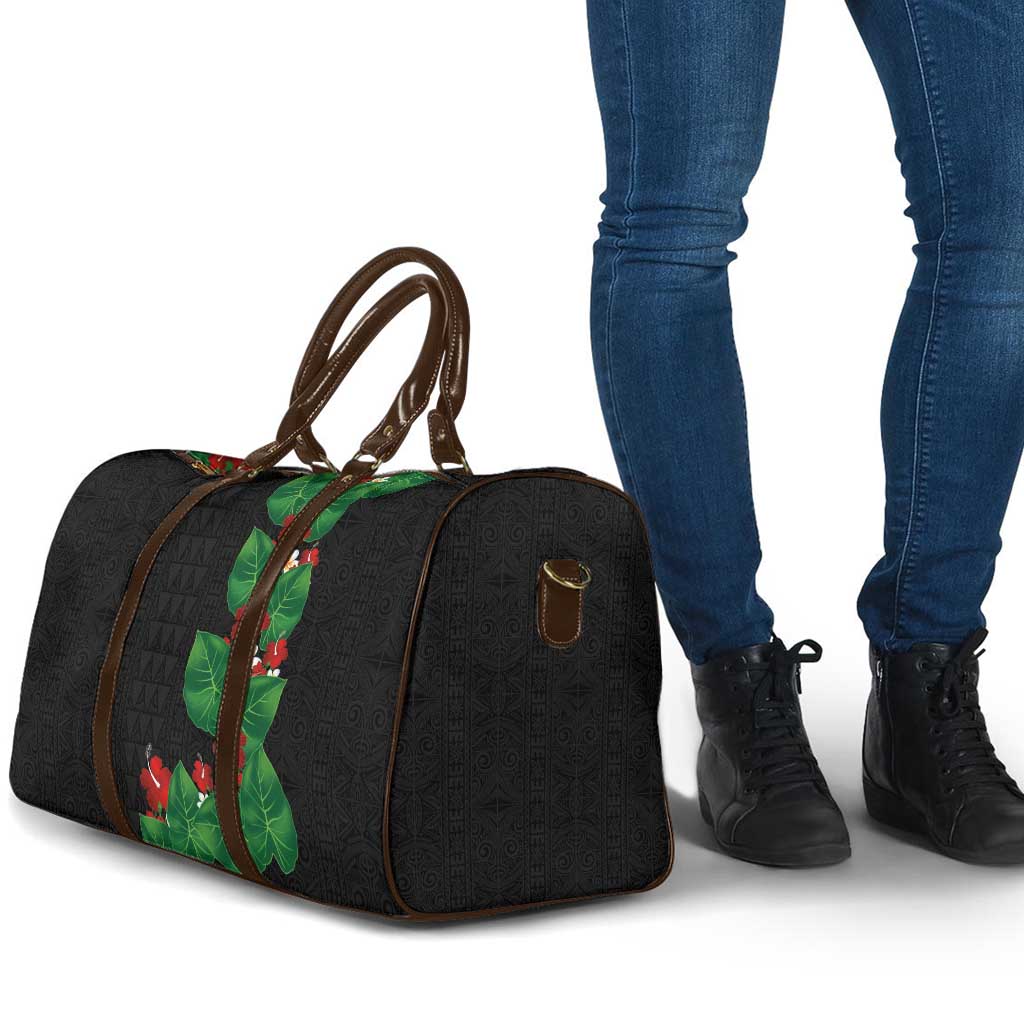 Hawaiian Taro Leaves-Hibiscus and Plumeria Travel Bag Polynesian Art-Kakau Tattoo Black