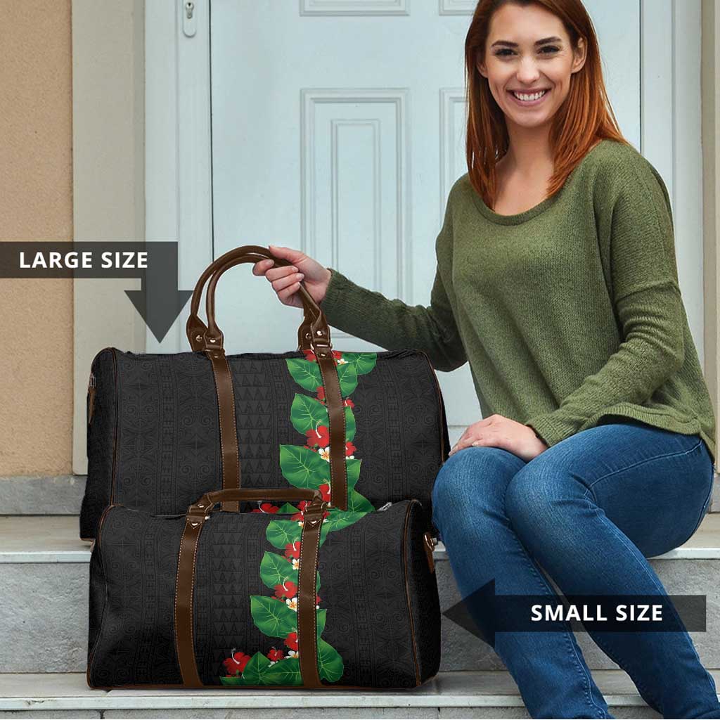 Hawaiian Taro Leaves-Hibiscus and Plumeria Travel Bag Polynesian Art-Kakau Tattoo Black