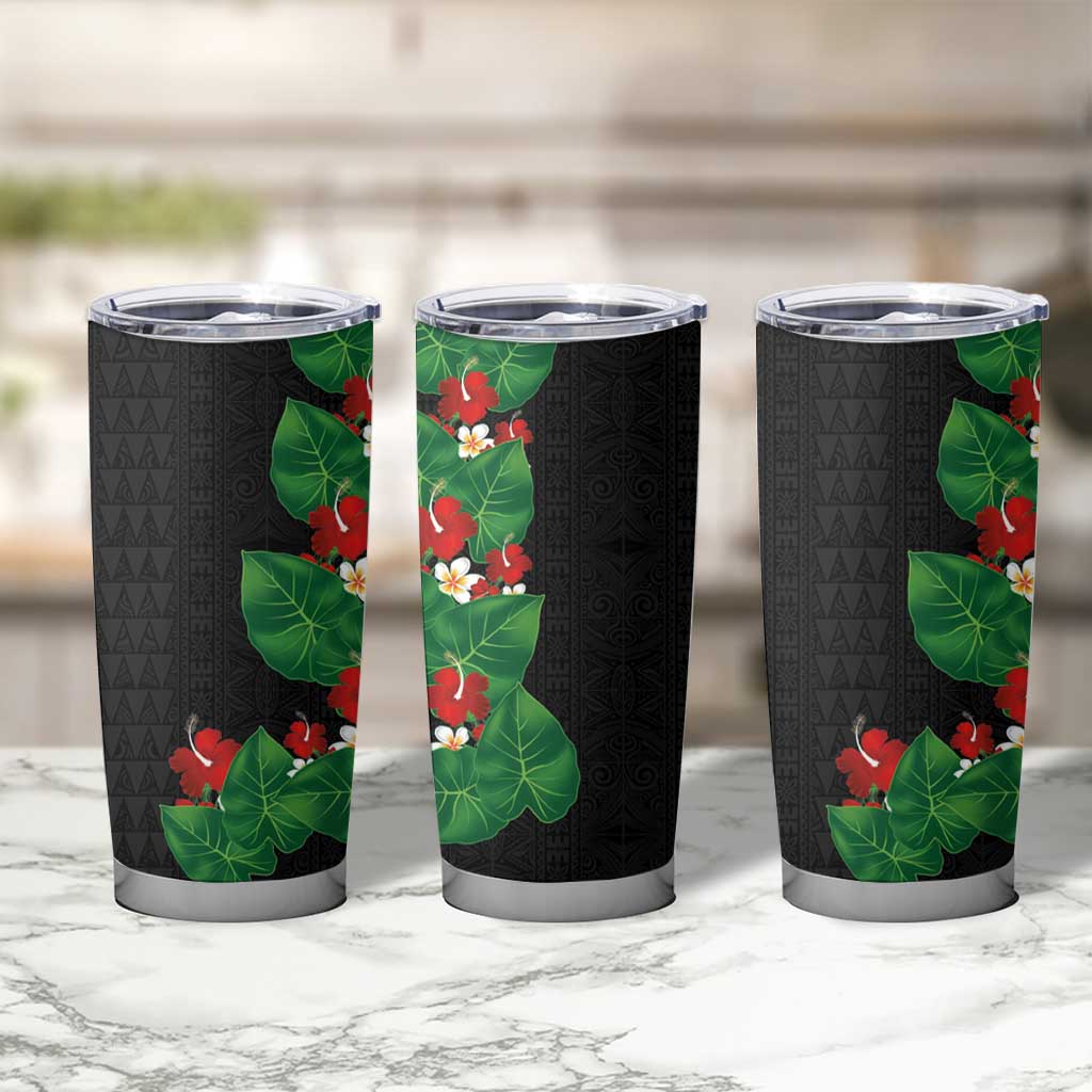 Hawaiian Taro Leaves-Hibiscus and Plumeria Tumbler Cup Polynesian Art-Kakau Tattoo Black