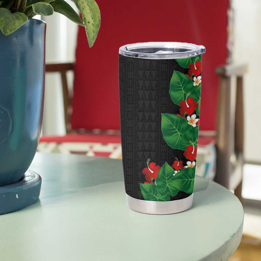 Hawaiian Taro Leaves-Hibiscus and Plumeria Tumbler Cup Polynesian Art-Kakau Tattoo Black