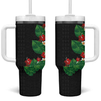Hawaiian Taro Leaves-Hibiscus and Plumeria Tumbler With Handle Polynesian Art-Kakau Tattoo Black LT03 One Size: 40 oz Black - Polynesian Pride