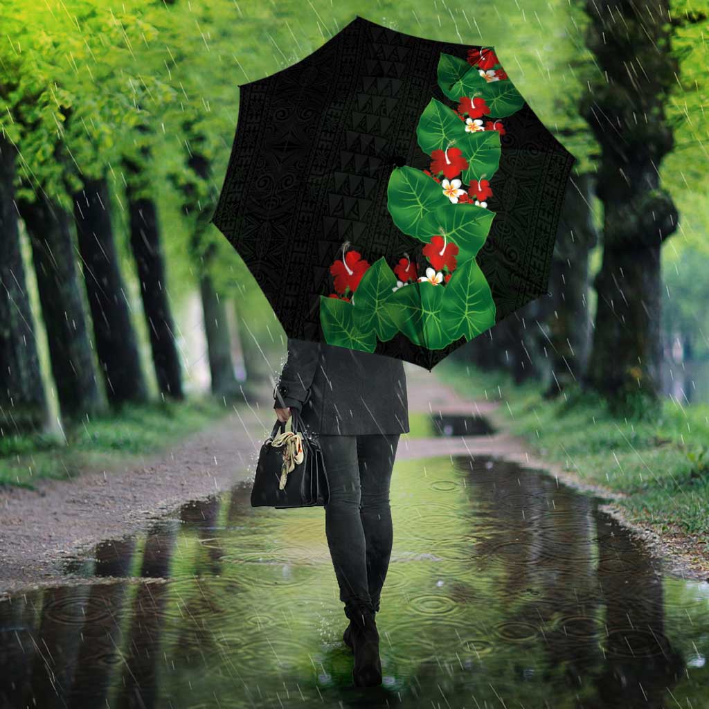 Hawaiian Taro Leaves-Hibiscus and Plumeria Umbrella Polynesian Art-Kakau Tattoo Black LT03 - Polynesian Pride