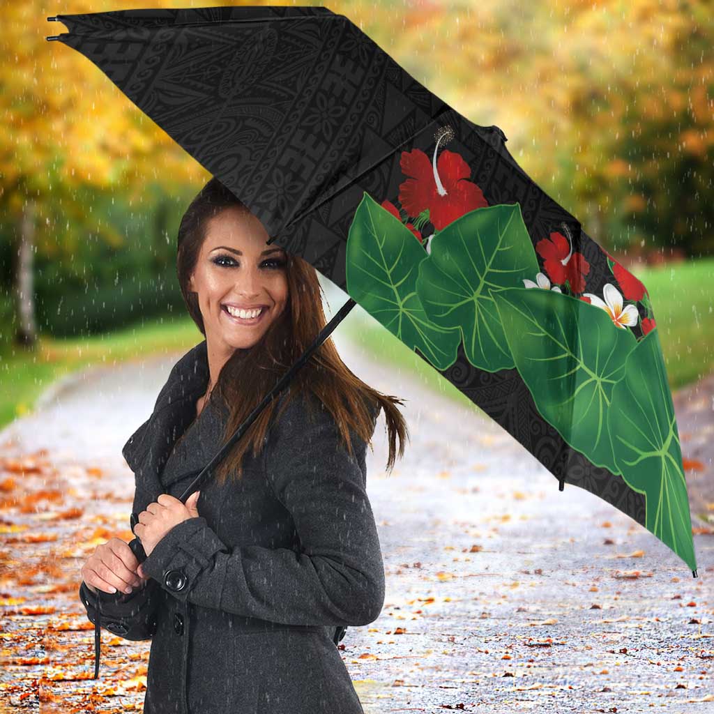 Hawaiian Taro Leaves-Hibiscus and Plumeria Umbrella Polynesian Art-Kakau Tattoo Black LT03 - Polynesian Pride