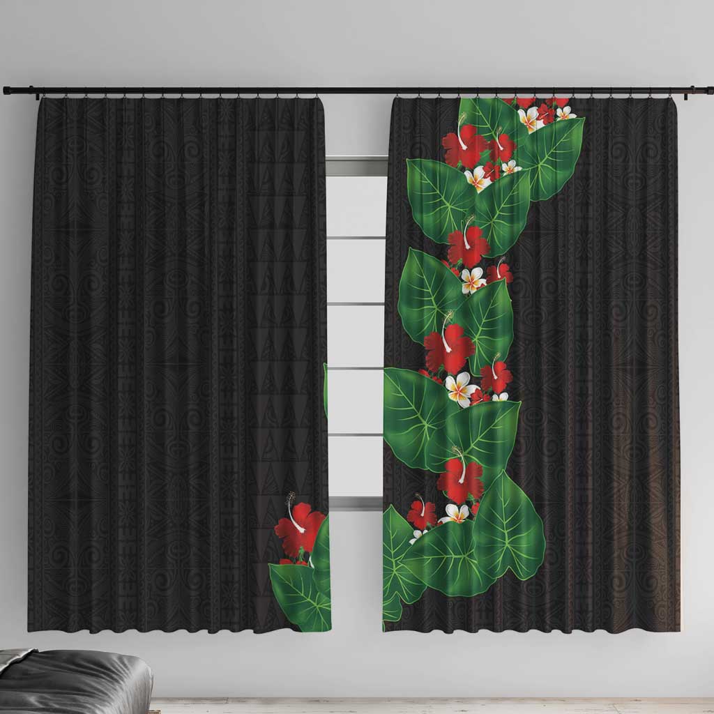 Hawaiian Taro Leaves-Hibiscus and Plumeria Window Curtain Polynesian Art-Kakau Tattoo Black LT03 With Hooks Black - Polynesian Pride
