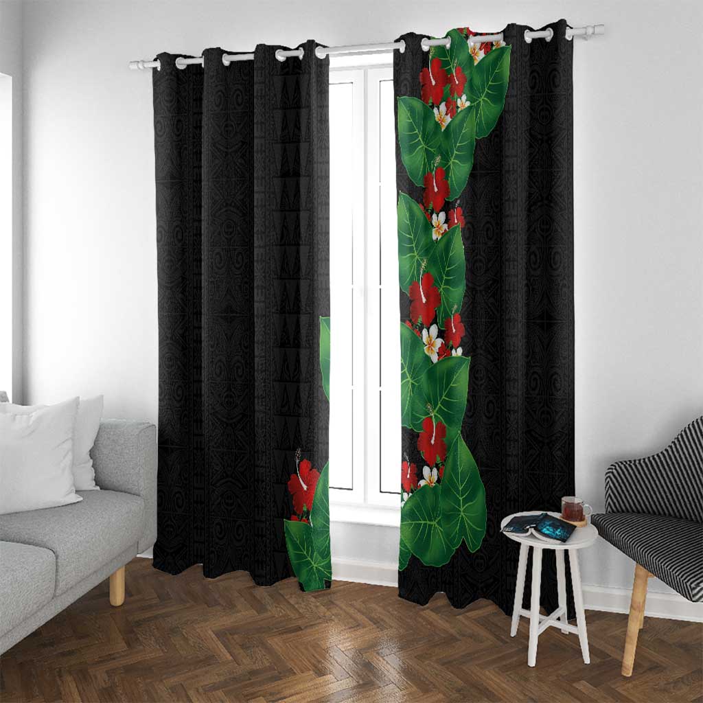 Hawaiian Taro Leaves-Hibiscus and Plumeria Window Curtain Polynesian Art-Kakau Tattoo Black LT03 With Grommets Black - Polynesian Pride