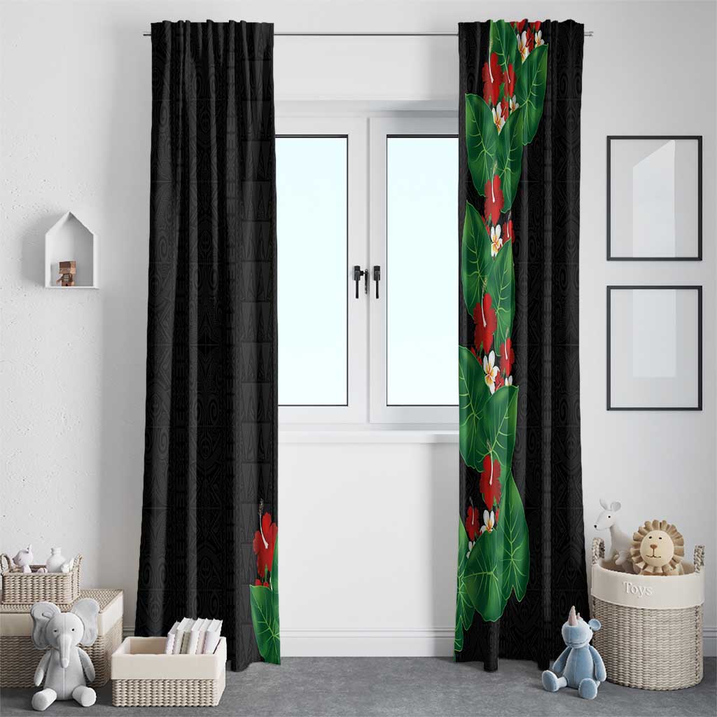 Hawaiian Taro Leaves-Hibiscus and Plumeria Window Curtain Polynesian Art-Kakau Tattoo Black LT03 - Polynesian Pride