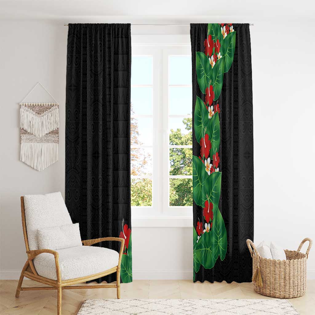 Hawaiian Taro Leaves-Hibiscus and Plumeria Window Curtain Polynesian Art-Kakau Tattoo Black LT03 - Polynesian Pride