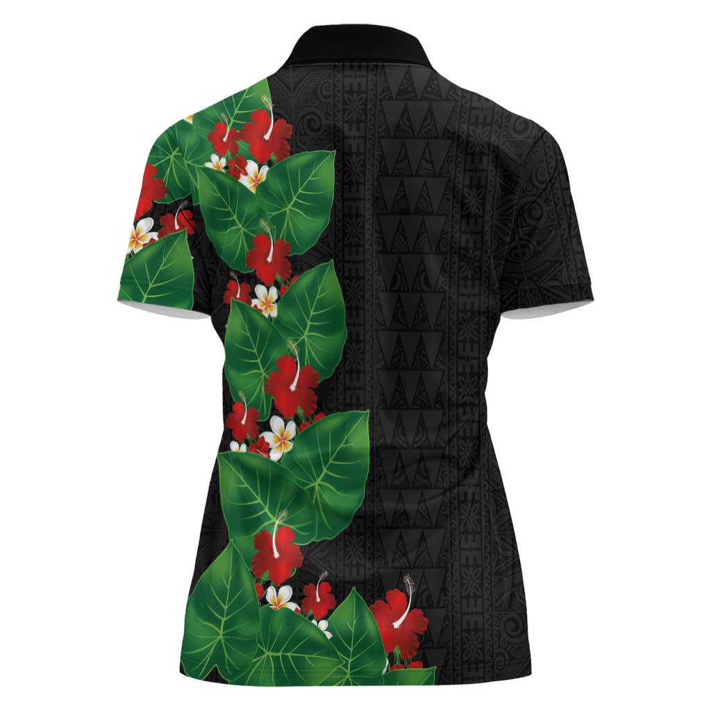 Hawaiian Taro Leaves-Hibiscus and Plumeria Women Polo Shirt Polynesian Art-Kakau Tattoo Black LT03 - Polynesian Pride