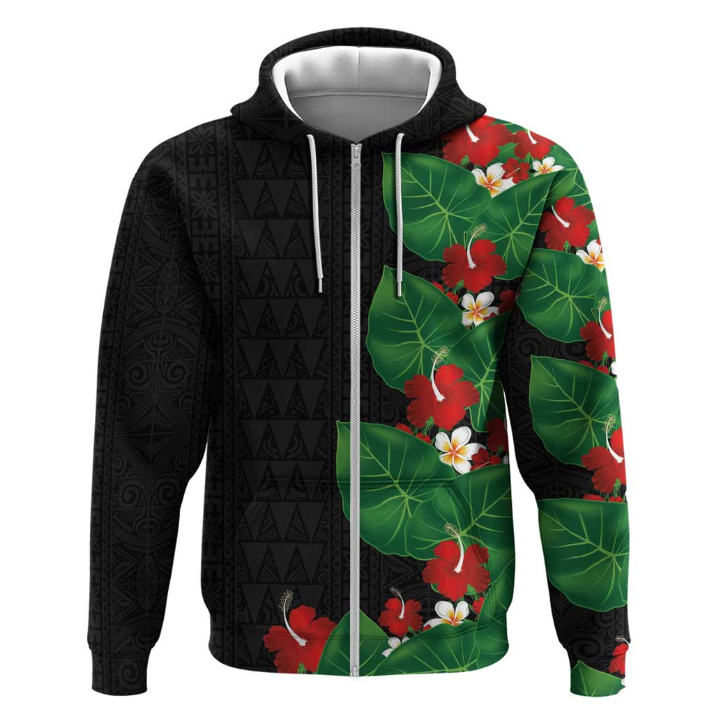 Hawaiian Taro Leaves-Hibiscus and Plumeria Zip Hoodie Polynesian Art-Kakau Tattoo Black