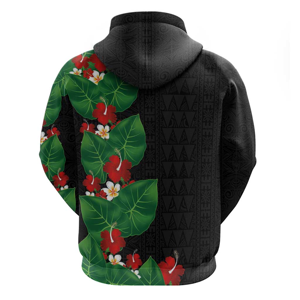 Hawaiian Taro Leaves-Hibiscus and Plumeria Zip Hoodie Polynesian Art-Kakau Tattoo Black