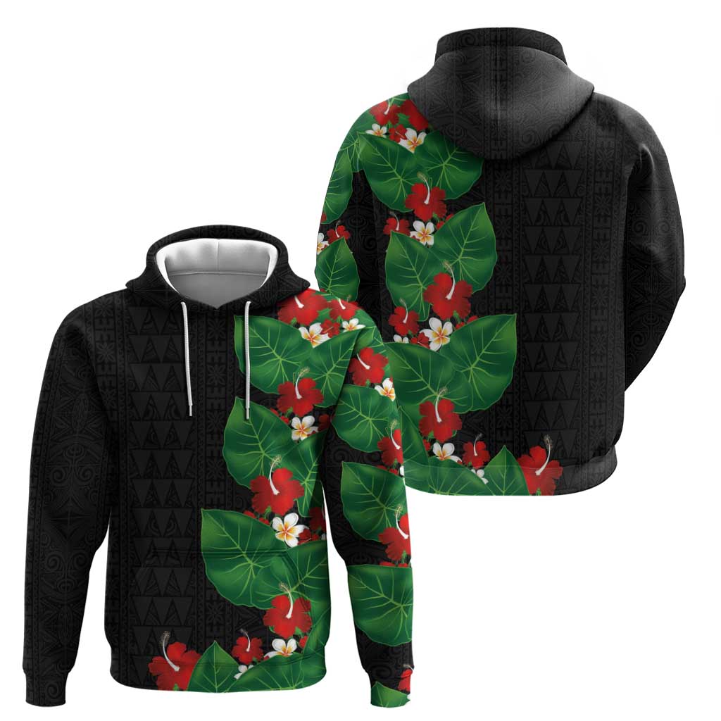 Hawaiian Taro Leaves-Hibiscus and Plumeria Zip Hoodie Polynesian Art-Kakau Tattoo Black