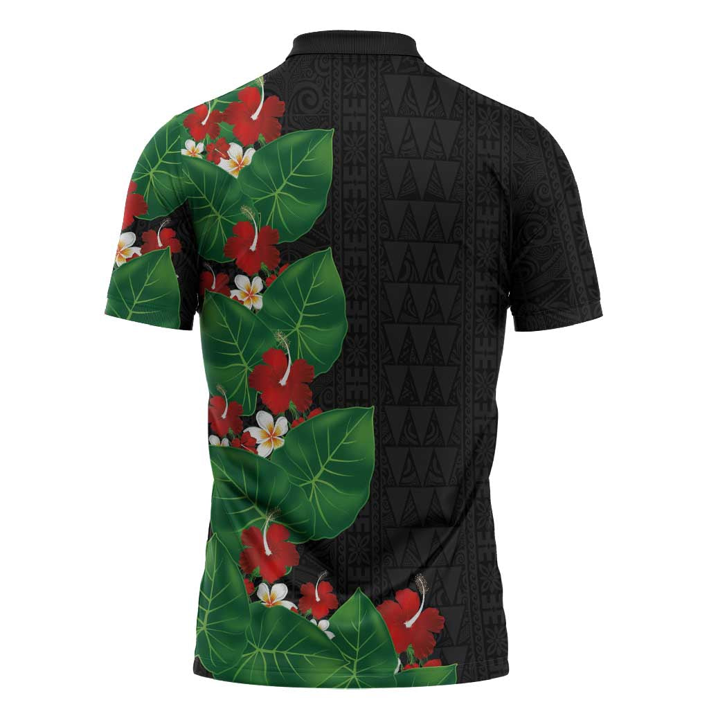 Hawaiian Taro Leaves-Hibiscus and Plumeria Zipper Polo Shirt Polynesian Art-Kakau Tattoo Black