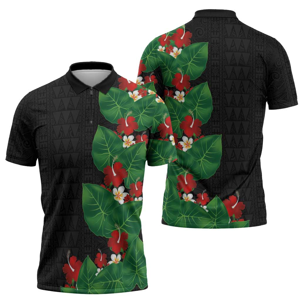 Hawaiian Taro Leaves-Hibiscus and Plumeria Zipper Polo Shirt Polynesian Art-Kakau Tattoo Black