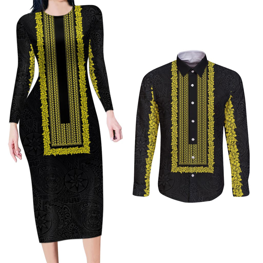 Philippines Polynesian Jasmine Pattern Couples Matching Long Sleeve Bodycon Dress and Long Sleeve Button Shirt With Barong Tagalog Black Style