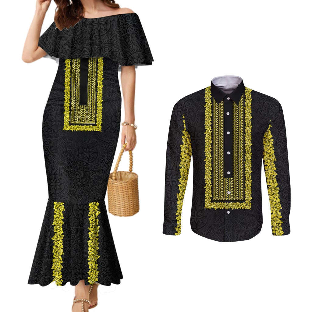 Philippines Polynesian Jasmine Pattern Couples Matching Mermaid Dress and Long Sleeve Button Shirt With Barong Tagalog Black Style