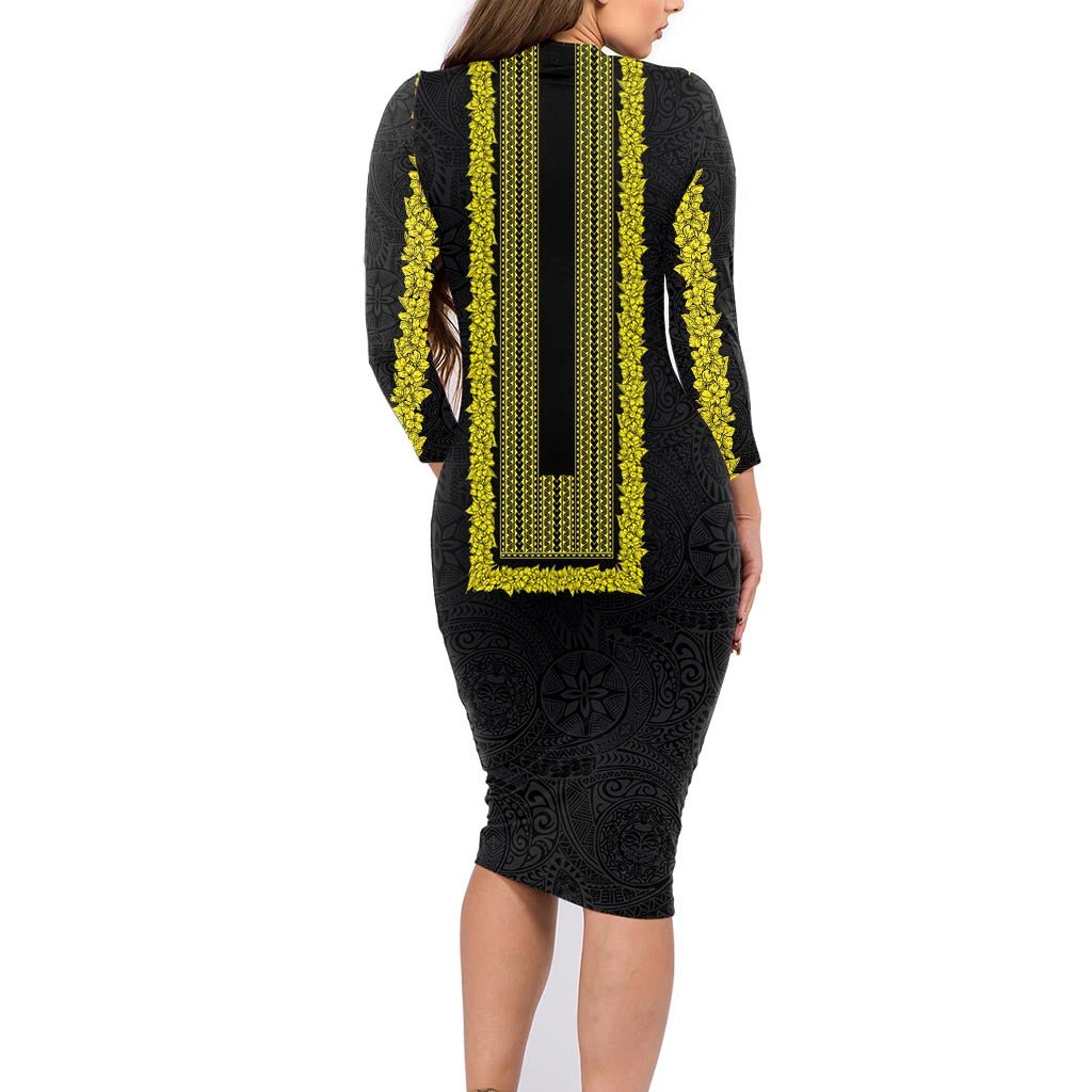 Philippines Polynesian Jasmine Pattern Family Matching Long Sleeve Bodycon Dress and Hawaiian Shirt With Barong Tagalog Black Style