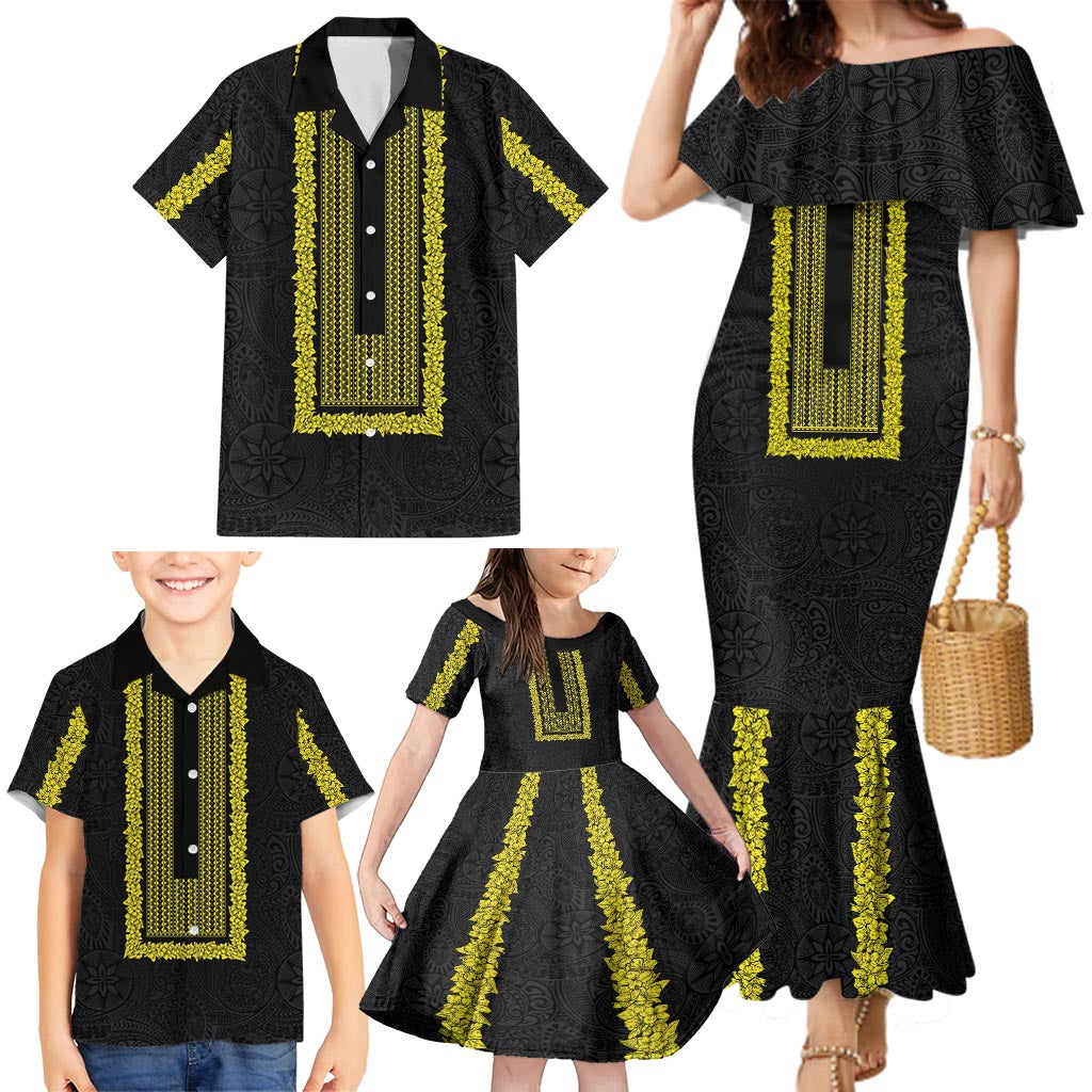 Philippines Polynesian Jasmine Pattern Family Matching Mermaid Dress and Hawaiian Shirt With Barong Tagalog Black Style