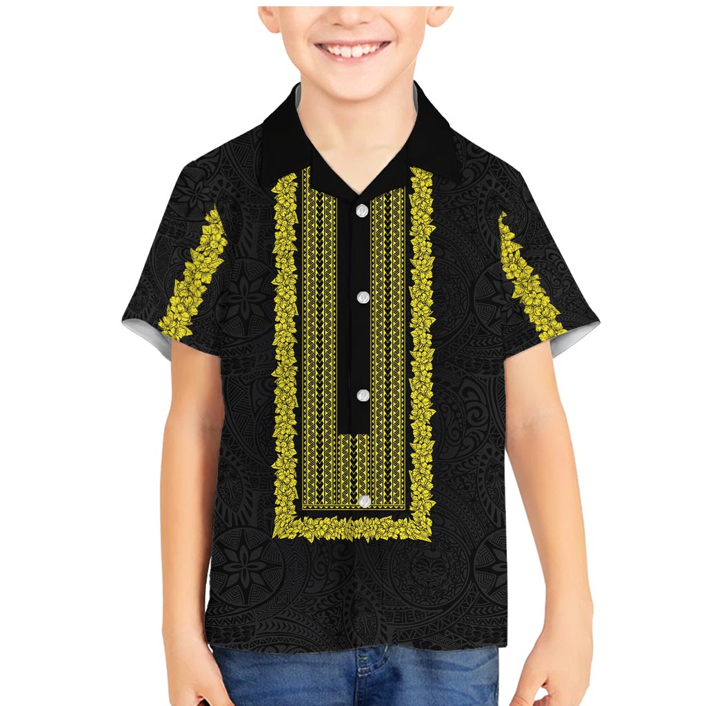 Philippines Polynesian Jasmine Pattern Family Matching Mermaid Dress and Hawaiian Shirt With Barong Tagalog Black Style