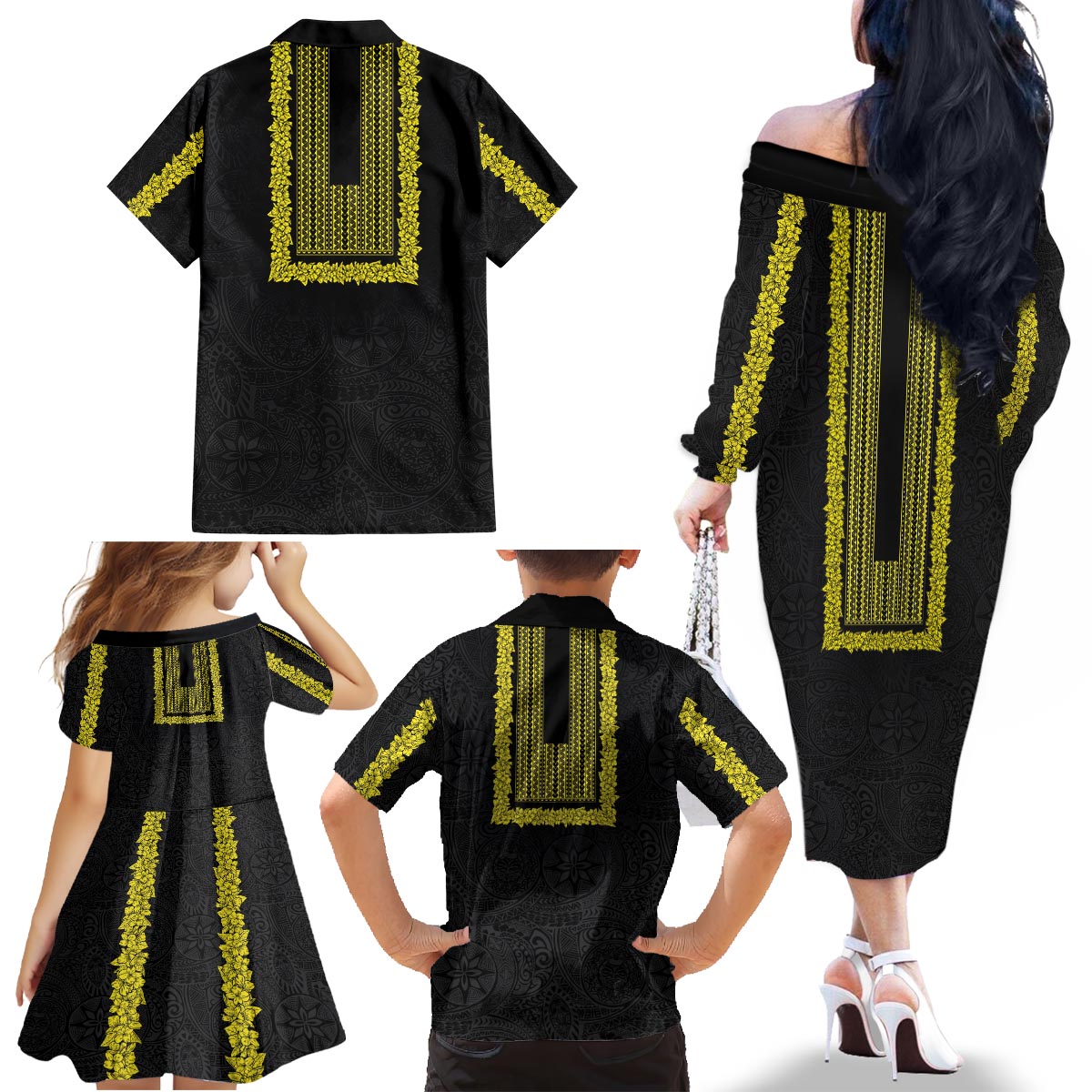 Philippines Polynesian Jasmine Pattern Family Matching Off The Shoulder Long Sleeve Dress and Hawaiian Shirt With Barong Tagalog Black Style