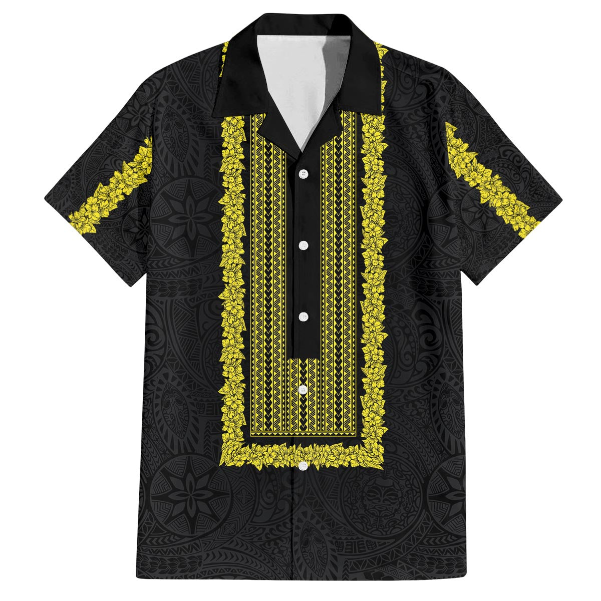 Philippines Polynesian Jasmine Pattern Family Matching Off The Shoulder Long Sleeve Dress and Hawaiian Shirt With Barong Tagalog Black Style