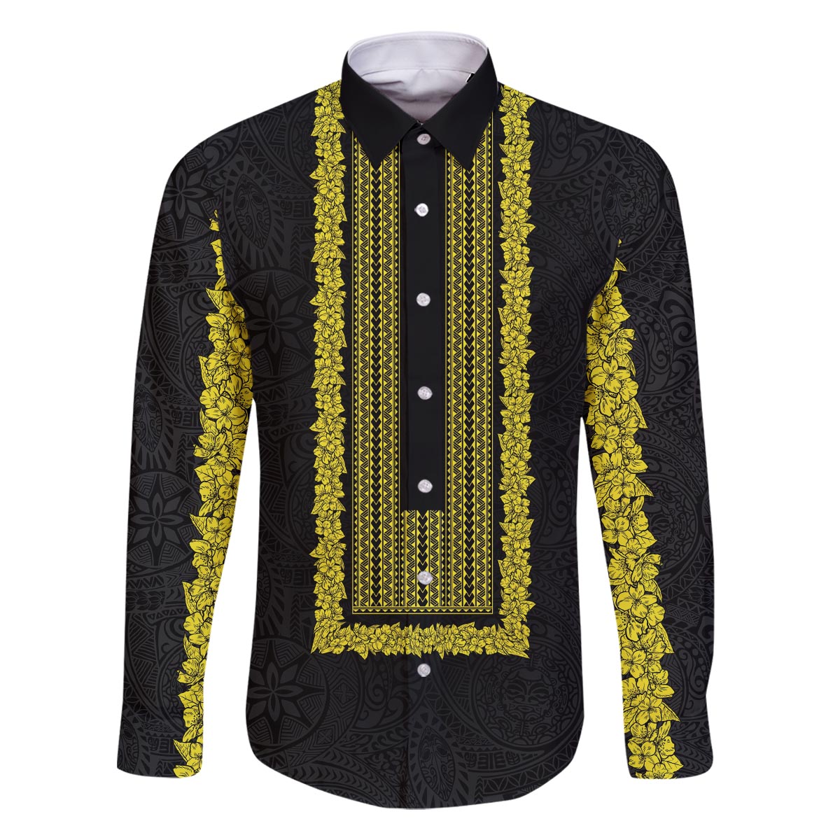 Philippines Polynesian Jasmine Pattern Family Matching Off The Shoulder Long Sleeve Dress and Hawaiian Shirt With Barong Tagalog Black Style