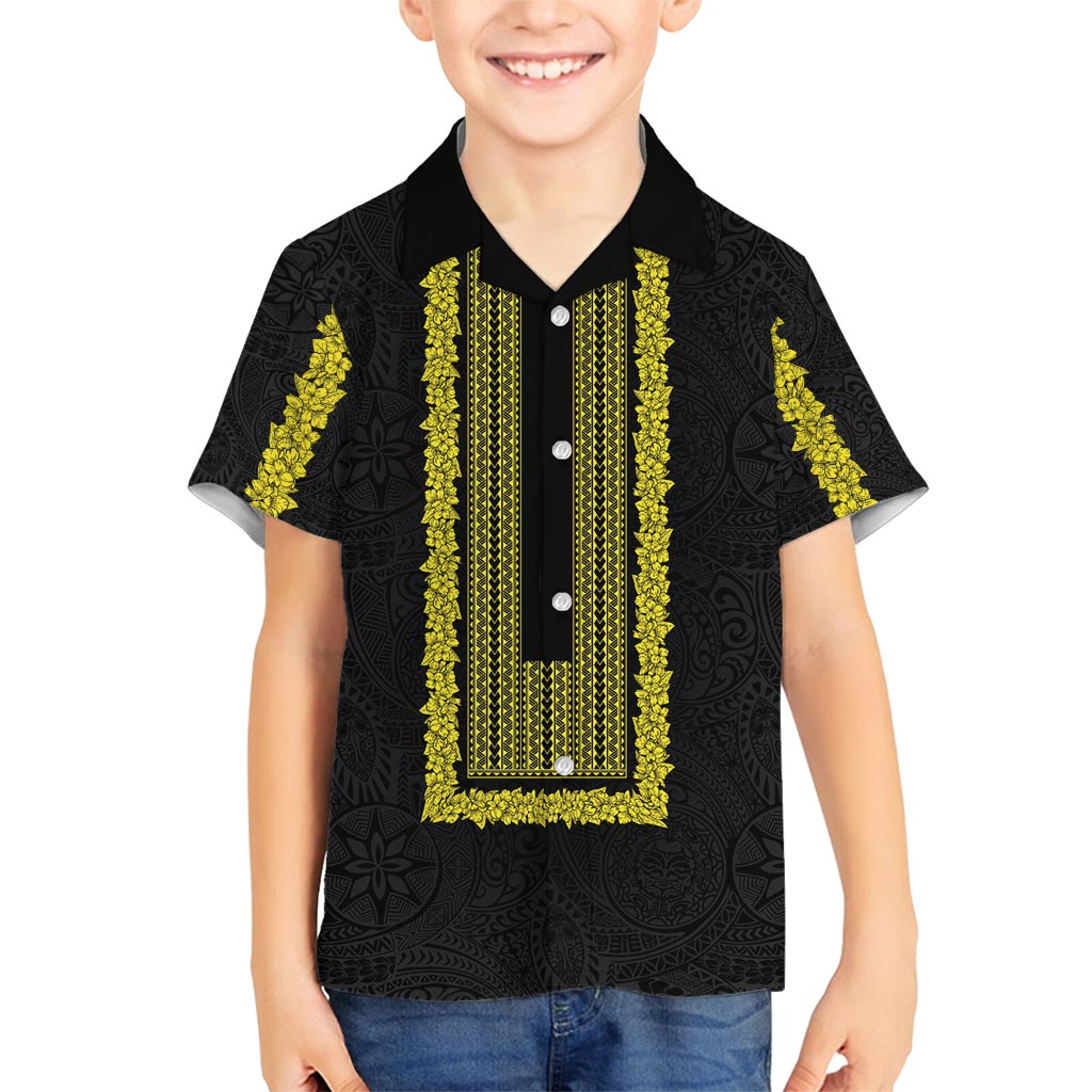 Philippines Polynesian Jasmine Pattern Family Matching Off Shoulder Short Dress and Hawaiian Shirt With Barong Tagalog Black Style