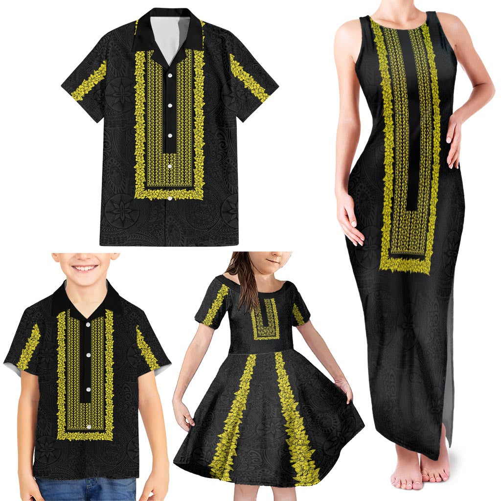 Philippines Polynesian Jasmine Pattern Family Matching Tank Maxi Dress and Hawaiian Shirt With Barong Tagalog Black Style