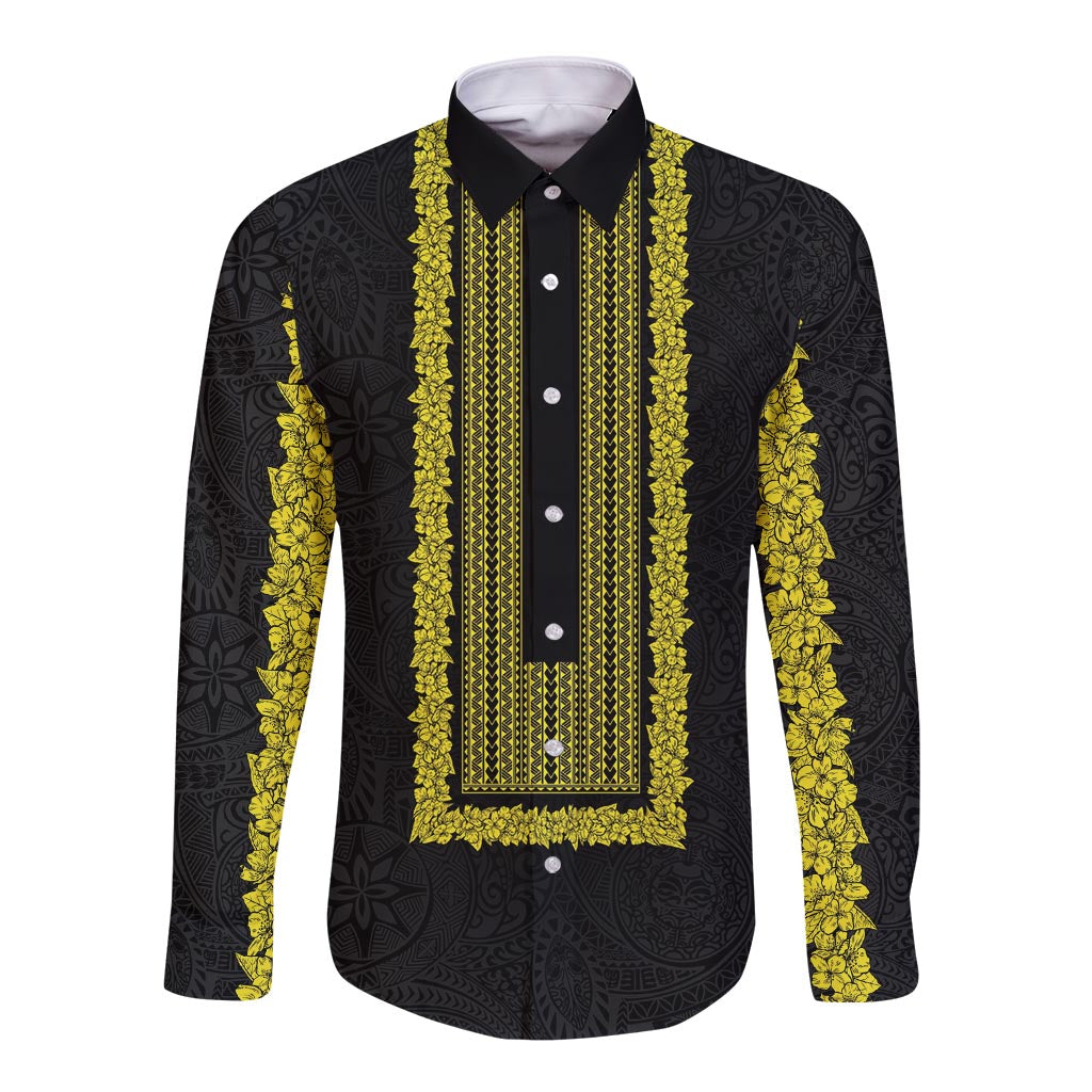Philippines Polynesian Jasmine Pattern Long Sleeve Button Shirt With Barong Tagalog Black Style