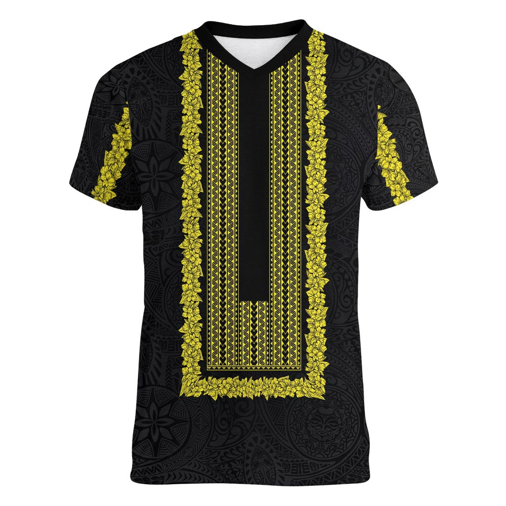 Philippines Polynesian Jasmine Pattern Women V-Neck T-Shirt With Barong Tagalog Black Style