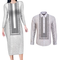 Philippines Polynesian Jasmine Pattern Couples Matching Long Sleeve Bodycon Dress and Long Sleeve Button Shirt With Barong Tagalog White Style