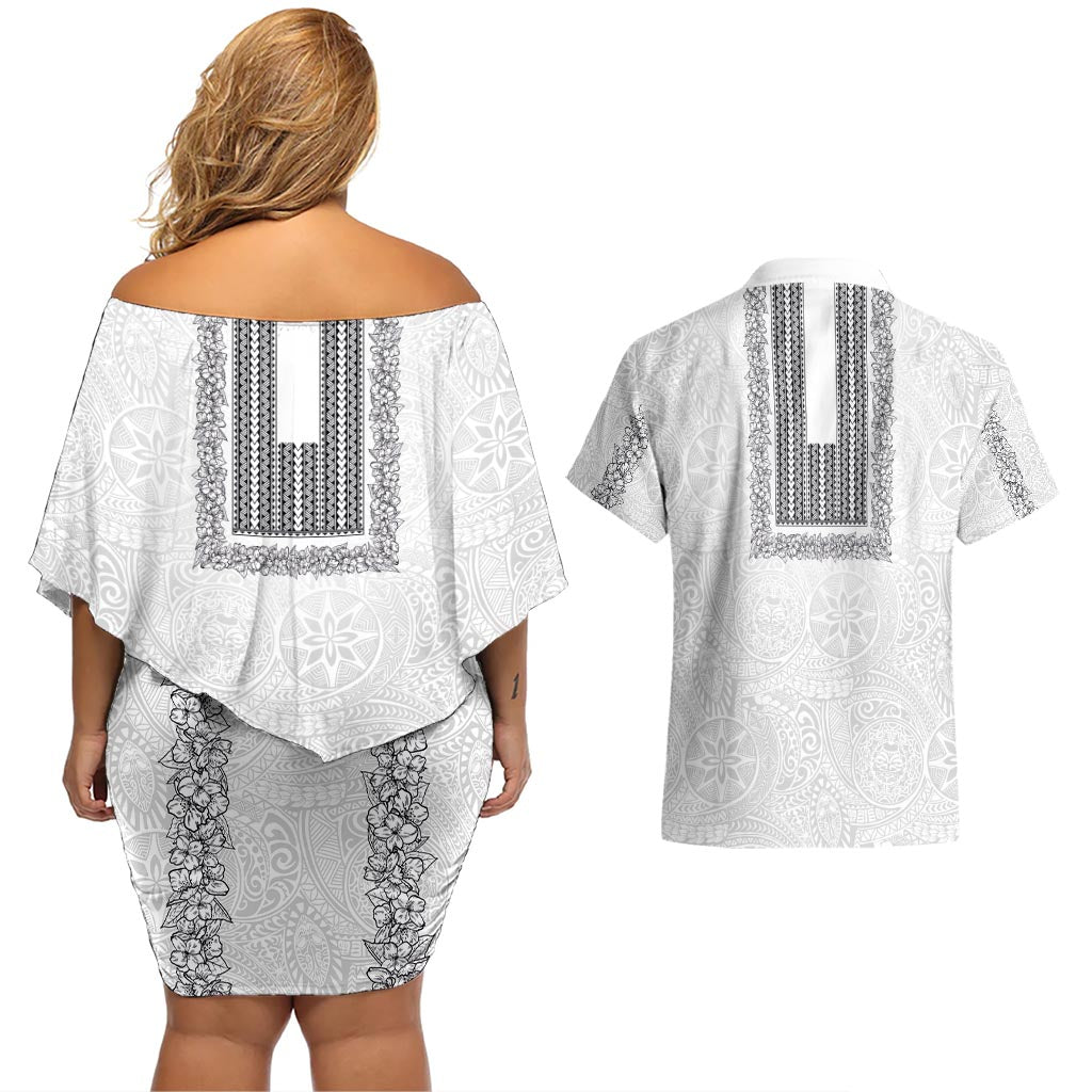 Philippines Polynesian Jasmine Pattern Couples Matching Off Shoulder Short Dress and Hawaiian Shirt With Barong Tagalog White Style