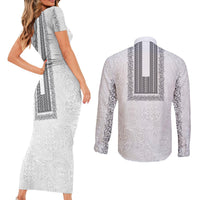 Philippines Polynesian Jasmine Pattern Couples Matching Short Sleeve Bodycon Dress and Long Sleeve Button Shirt With Barong Tagalog White Style