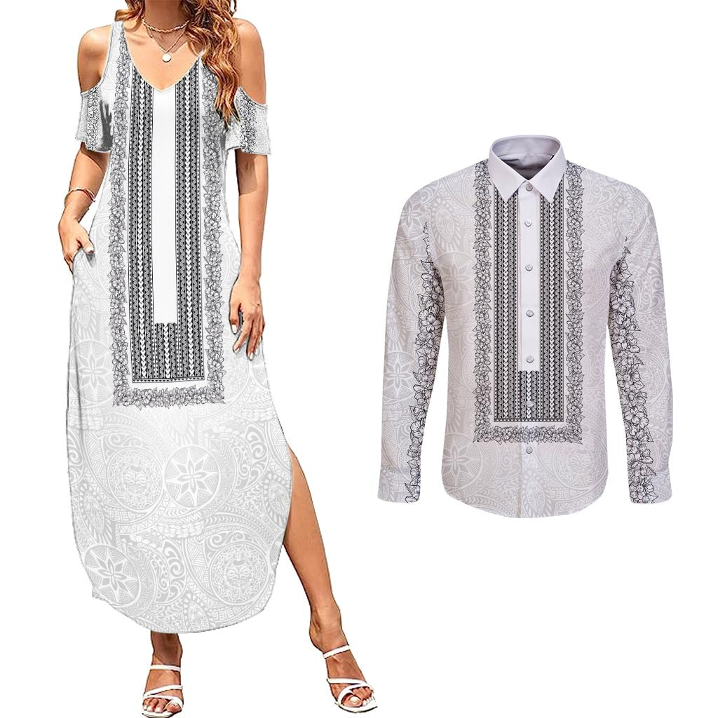 Philippines Polynesian Jasmine Pattern Couples Matching Summer Maxi Dress and Long Sleeve Button Shirt With Barong Tagalog White Style
