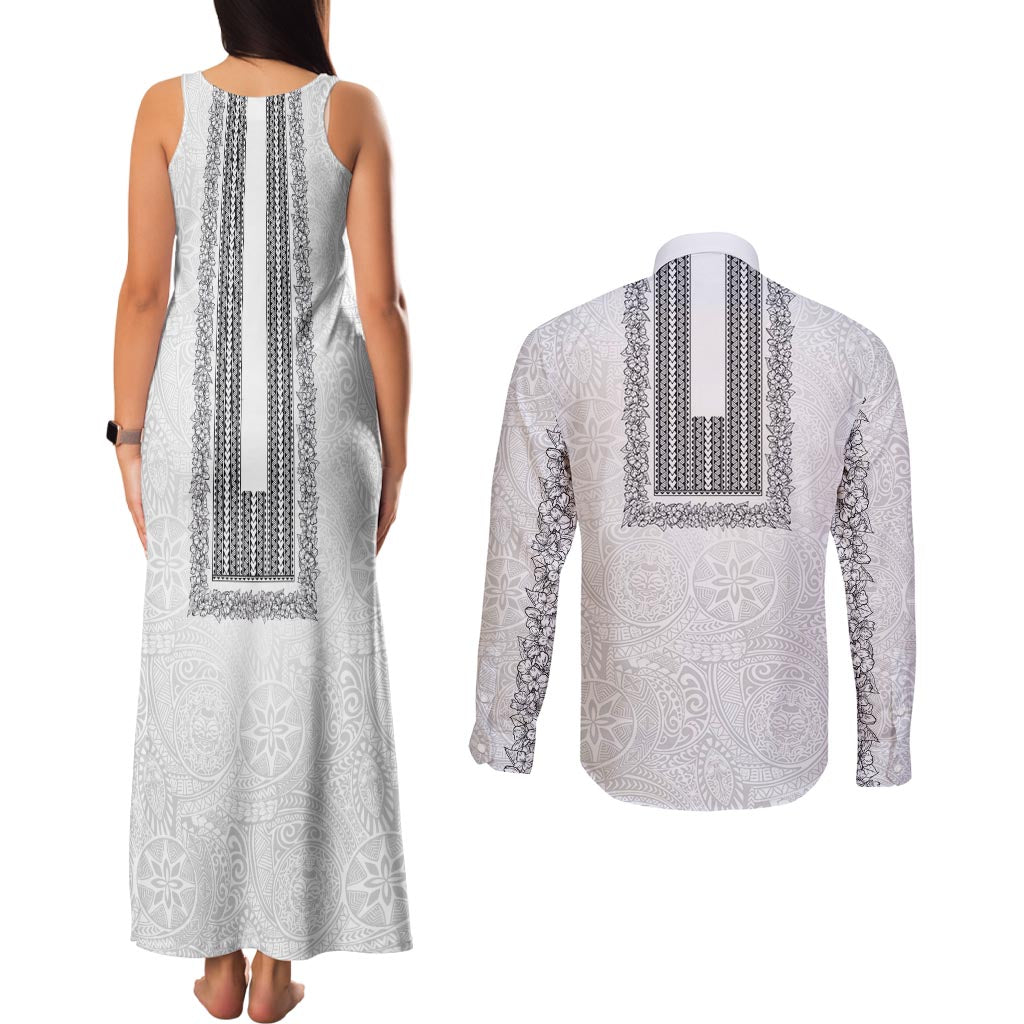 Philippines Polynesian Jasmine Pattern Couples Matching Tank Maxi Dress and Long Sleeve Button Shirt With Barong Tagalog White Style